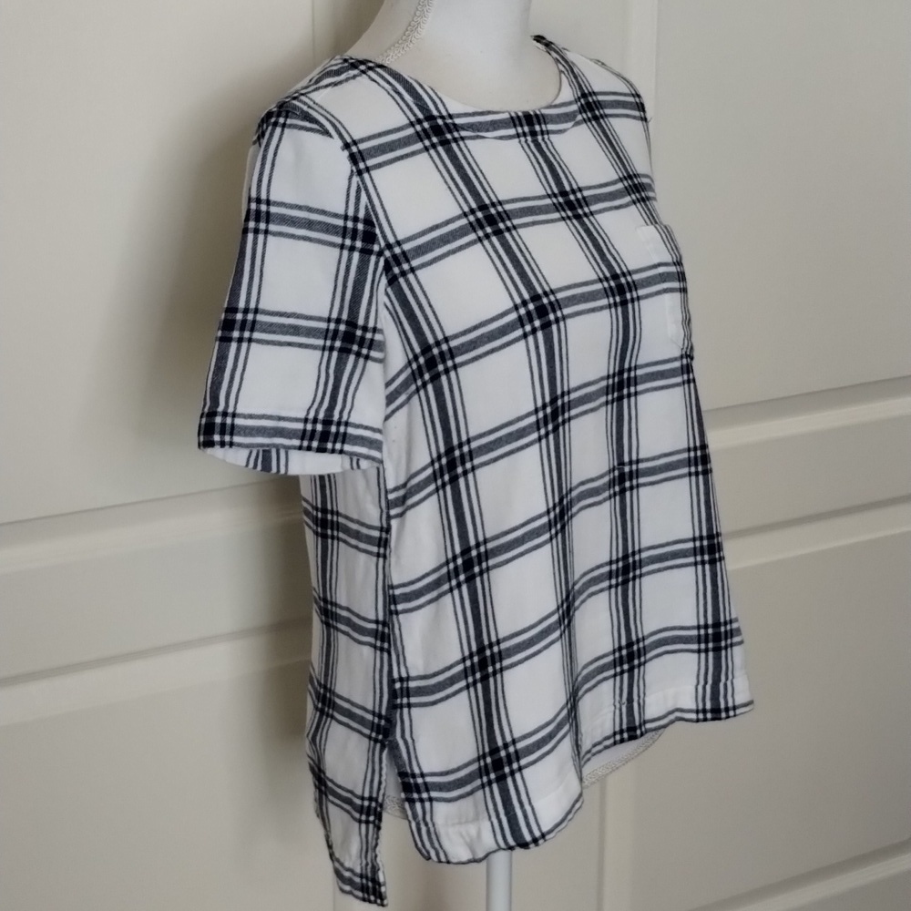 Madewell women's small button back blue/white plaid flannel feel material top - Picture 4 of 13